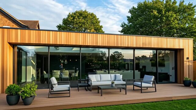 Modern House Extension with Wooden Cladding and Large Glass Doors - A contemporary home extension features sleek wooden cladding, expansive glass doors, and a stylish outdoor patio area.
