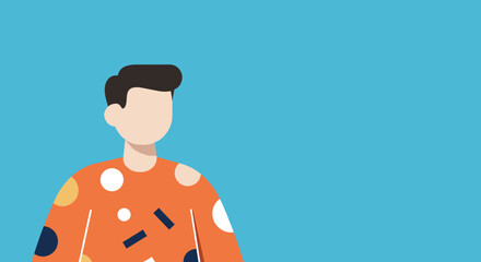 Flat design illustration of a minimalist person in a colorful, patterned shirt on a blue background, offering ample copy space. Ideal for digital projects.
