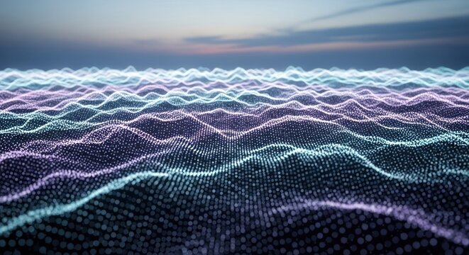 Digital data ocean waves glow purple/blue on surface, sunset horizon in background