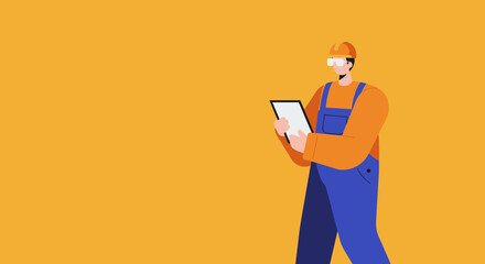 Professional construction worker or engineer wearing safety gear and using a digital tablet for site management and planning against a vibrant background.