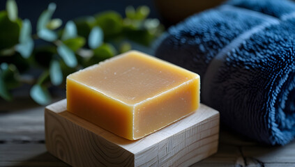 Orange soap bar placed on a wooden tray beside a neatly folded blue towel, creating a serene and inviting atmosphere for relaxation and self-care routines
