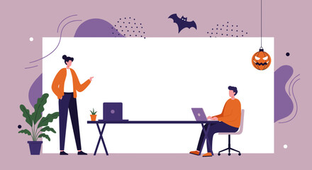 Colleagues collaborating in a Halloween-themed office. Professional interaction with festive autumn decor. Perfect for business, seasonal events, or virtual backgrounds.