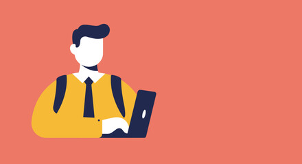 A modern flat design illustration of a professional man actively working on a laptop, symbolizing productivity, online learning, and digital business.
