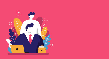 Modern flat illustration depicting two business professionals engaged in teamwork with a laptop and briefcase. Ideal for concepts of corporate collaboration, growth, and office productivity.