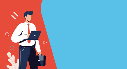 Professional businessman with laptop and briefcase, standing against a modern split background. Ideal for business, technology, and corporate communication themes.