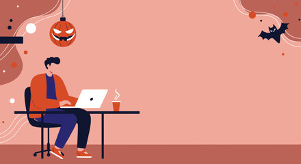 Man focused on laptop with coffee, working from home amidst festive Halloween decorations. Ideal for seasonal business, remote work, or holiday productivity concepts.
