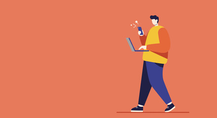 A modern person walks while simultaneously using a laptop and a smartphone, symbolizing mobile connectivity, multitasking, and a digital lifestyle. Ideal for technology, business, or education themes.