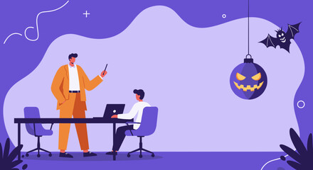 A business professional presents to a colleague at a modern office desk, integrating a Halloween theme. Useful for business, education, or seasonal promotions.