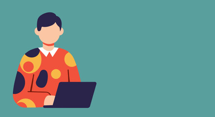Vibrant flat illustration of a person working on a laptop, perfect for depicting productivity, online education, or modern digital lifestyle with generous copy space.