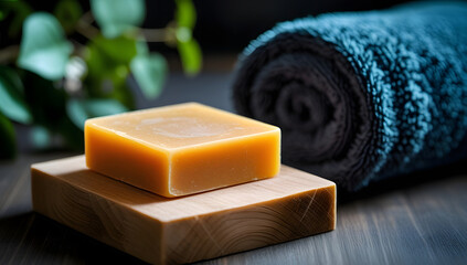 Orange soap bar placed on a wooden tray beside a neatly folded blue towel, creating a serene and inviting atmosphere for relaxation and self-care routines
