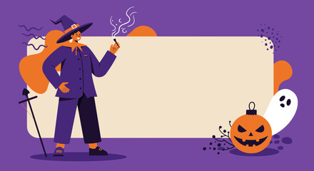 Festive Halloween illustration featuring a witch, jack-o'-lantern, and ghost next to a customizable blank space for your spooky messages.