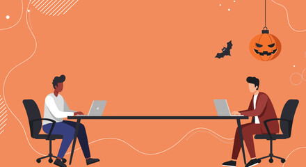 Diverse professionals collaborate online from separate desks, featuring seasonal Halloween decor. Ideal for business, productivity, and virtual work concepts.