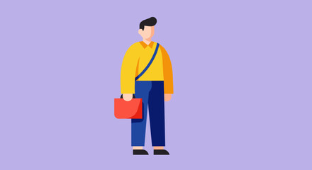 Minimalist illustration of a young man with a messenger bag, representing modern professional life, education, or delivery services, on a clean background.