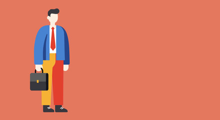 Stylized businessman with a briefcase on a peach background. His dual-colored pants represent choice, career paths, and important business decisions.