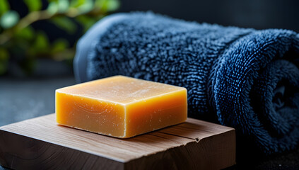 Orange soap bar placed on a wooden tray beside a neatly folded blue towel, creating a serene and inviting atmosphere for relaxation and self-care routines
