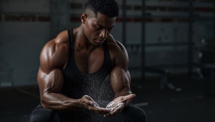 Focused weightlifter applying chalk in quiet gym corner with soft natural light