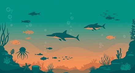 푸른 바다, 고요한 심해 생물들 일러스트