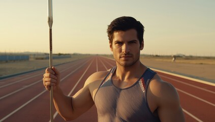 Determined athlete stands poised with metallic javelin on empty sunset track