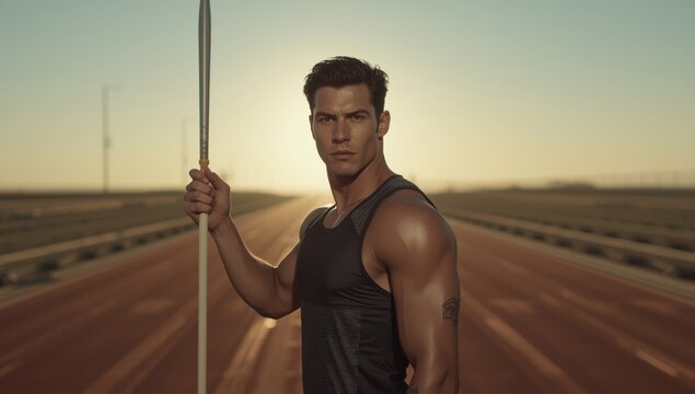 Determined athlete stands poised with metallic javelin on empty sunset track