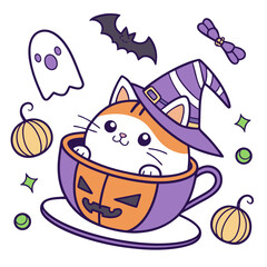 Playful Bashful Chonky cat design, styled with sitting in a teacup ride and Spooky Fun shades in a Halloween setting