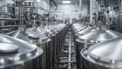 Stainless steel milk tanks in modern dairy pasteurization and bottling facility