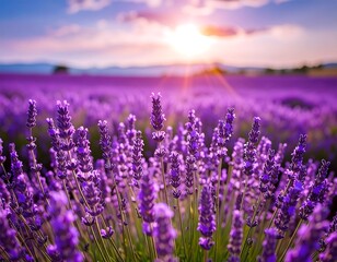 Naklejka premium A vibrant field of purple lavender blooms under a beautiful sunset, showcasing the rich hues and delicate detail of these flowering plants.