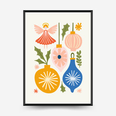 Merry Christmas and Happy New Year vertical flyer or poster template. Modern trendy Matisse minimal style. Hand drawn design for wallpaper, wall decor, print, postcard, cover, template, banner.