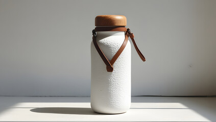 “Minimalist White Ceramic Water Bottle with Wooden Lid and Leather Strap on White Background”
