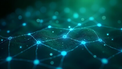 Abstract digital network with glowing blue and green nodes connected by light lines, soft gradients, no metallic shine .