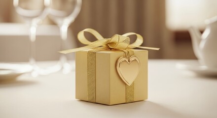 Elegant gold gift box with heart, ribbon, table setting, neutral tones