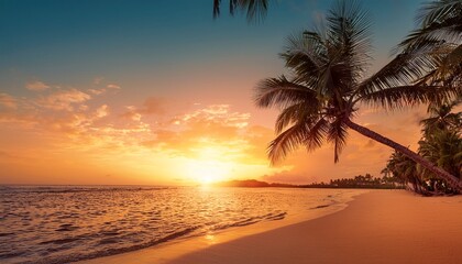 tropical sunset beach resort orange sky palm trees