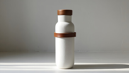 “Minimalist White Ceramic Water Bottle with Wooden Lid and Leather Strap on White Background”
