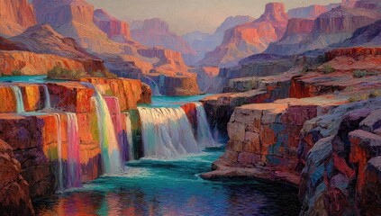 A vibrant, impressionistic painting depicts a series of waterfalls cascading down red rock canyon walls, bathed in the warm hues of sunrise or sunset.
