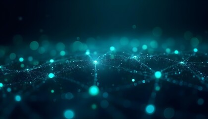 Abstract digital network with glowing blue and green nodes connected by light lines, soft gradients, no metallic shine .