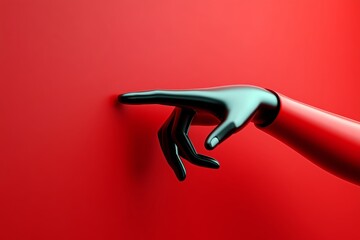 This image features a glossy, black hand reaching towards a smooth, red surface, creating a dramatic visual effect.