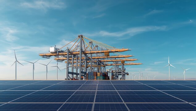 Solar-powered cargo port with electric cranes and rotating wind turbines operating - Powered by Adobe