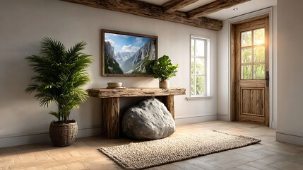 A realistic high-definition photo of a hallway with console table and statement mirror.