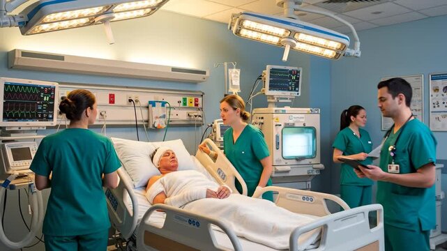 Hospital Burn Unit Patient Care - A burn unit patient lies in a hospital bed, attended by nurses and a doctor. The video shows high-quality medical equipment and a sterile environment.