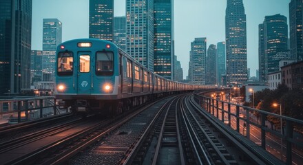Fototapeta premium Elevated train moving across tracks, framed by tall city buildings