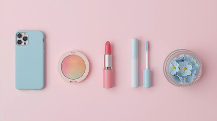 Pastel Cosmetics and Accessories Flat Lay on Light Pink Background with Minimalist Aesthetic
