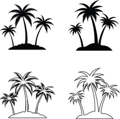 Tropical palm tree icon collection in line art and flat silhouette design ideal for vacation branding, beach clubs, and exotic summer flyers.