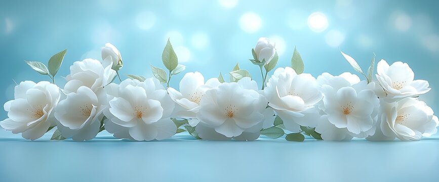 Elegant White Roses on Pastel Blue Background Floral Beauty with Wedding  Spring Theme.