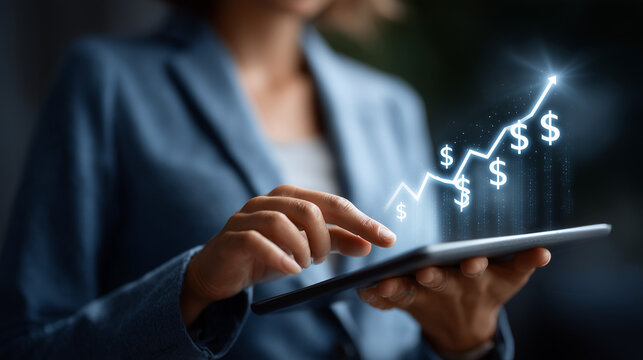 Tablet projecting financial charts and dollar signs as a businesswoman holds it.