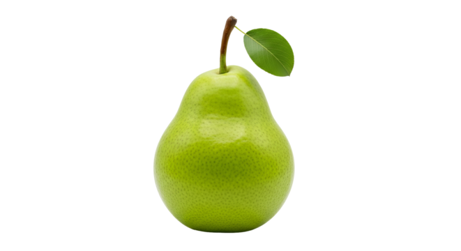 Green pear standing upright displays a small stem and single leaf. - high quality Green pear standing upright displays a small stem and single leaf.