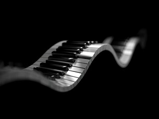 A stylish, abstract piano keyboard curves elegantly against a dark background, highlighting its musical design.