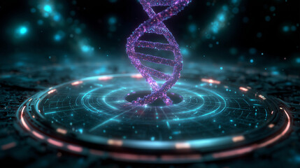 Neon particle DNA strand spinning inside a futuristic digital laboratory.