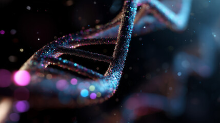 Neon particle DNA strand spinning inside a futuristic digital laboratory.