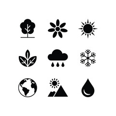 Collection of nine nature and weather icons representing seasons and elements of the earth's climate