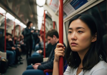 young asian woman looks thoughtful as she rides busy subway, gripping red pole. daily commute and city life. transport, urban lifestyle, and social observation. public transportation