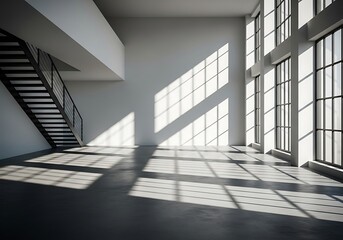 Obraz premium Modern empty loft interior with large windows and staircase